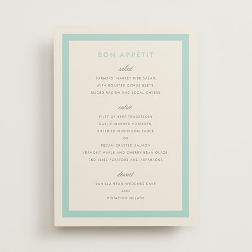 This is a haint blue menu cards with standard by Megan Davis called montauk printing on signature in 5x7