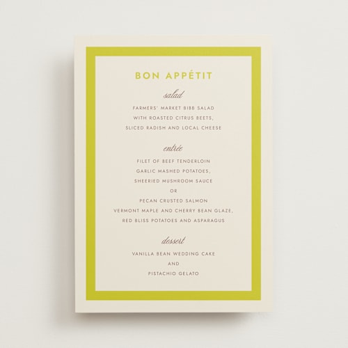 This is a citrus menu cards with standard by Megan Davis called montauk printing on signature in 5x7