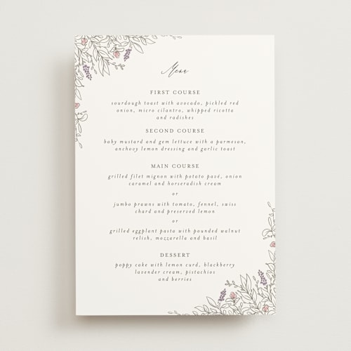 This is a ravello menu cards with standard by Anne Ciotola called cottonwood printing on signature in 5x7