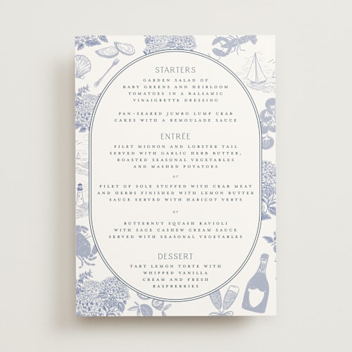 This is a periwinkle menu cards with standard by Jenna Holcomb called coastal toile printing on signature in 5x7