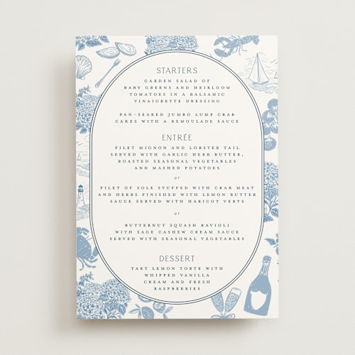 This is a sea menu cards with standard by Jenna Holcomb called coastal toile printing on signature in 5x7