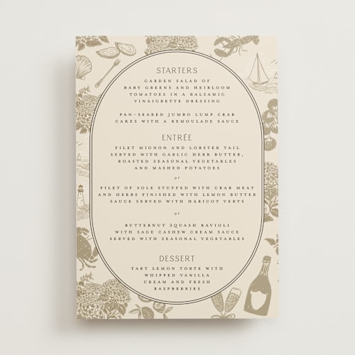 This is a sand menu cards with standard by Jenna Holcomb called coastal toile printing on signature in 5x7