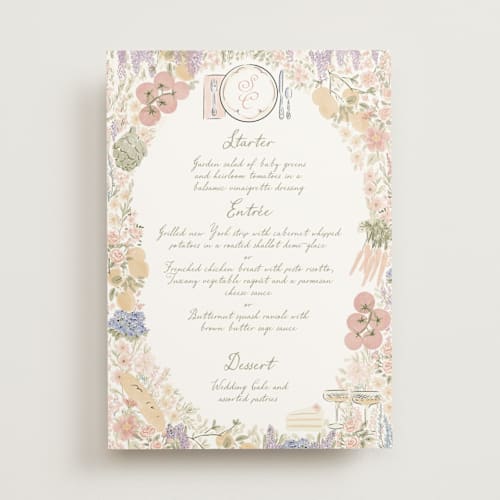 This is a petal menu cards with standard by Jenna Holcomb called charlotte printing on signature in 5x7
