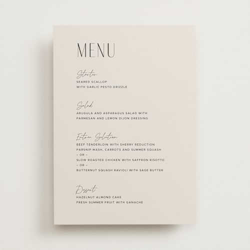 This is a linen menu cards with standard by Kelly Schmidt called arabilla overlap printing on signature in 5x7