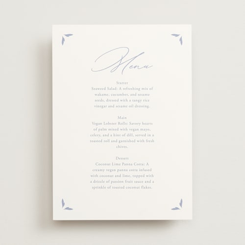 This is a pale cerulean menu cards with standard by Sabrin Deirani called ocean dreams printing on signature in 5x7