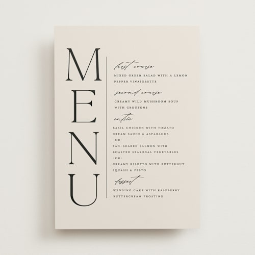 This is a ecru menu cards with standard by Erica Krystek called modern monogram printing on signature in standard