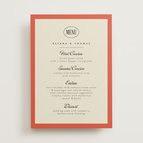 This is a tangerine menu cards with standard by Alethea and Ruth called modern bold printing on signature in standard