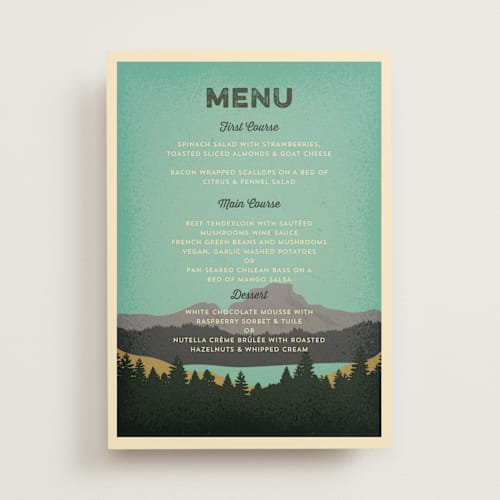 This is a forest menu cards with standard by Nam Bourassa called mountain view printing on signature in standard