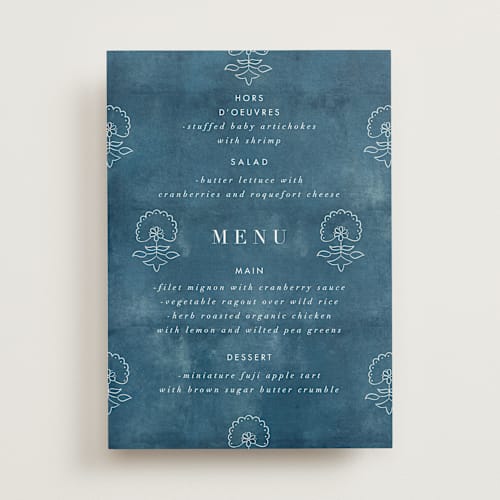 This is a indigo menu cards with standard by Nazia Hyder called kantha quilt printing on signature in standard