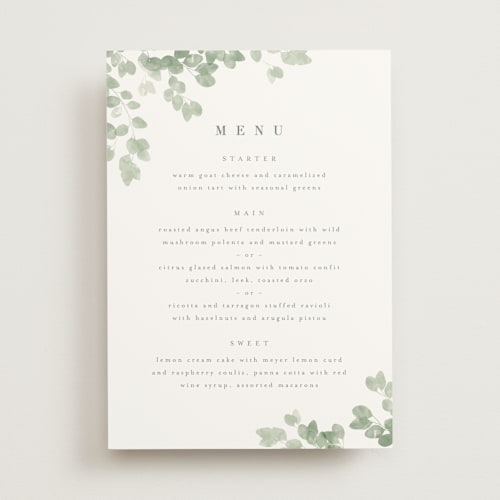 This is a eucalyptus menu cards with standard by Kristie Kern called vining printing on signature in standard