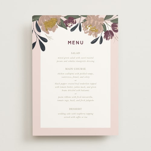 This is a blush menu cards with standard by Cindy Reynolds called wild peonies printing on signature in standard