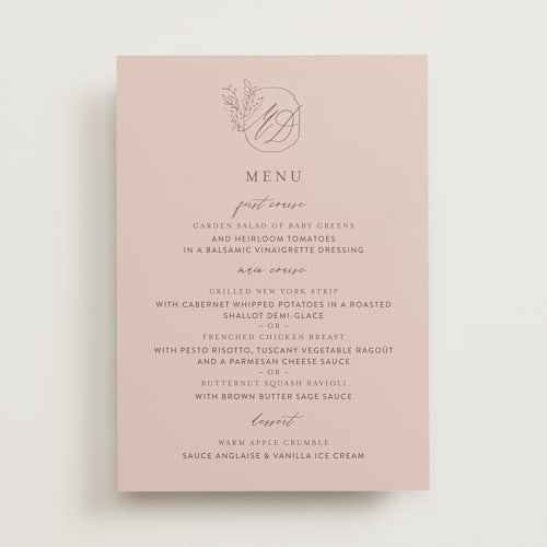 This is a blush menu cards with standard by Lucrecia Caporale called delicate monogram printing on signature in standard