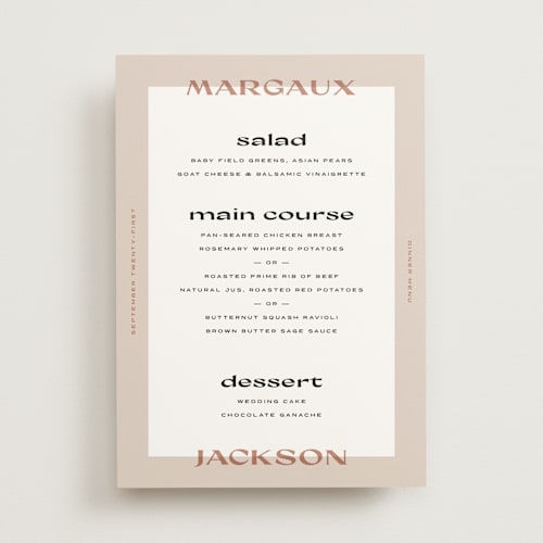 This is a sand menu cards with standard by Lindsay Stetson Thompson called margaux printing on signature in standard