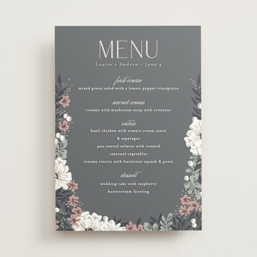 This is a linen menu cards with standard by Alethea and Ruth called illuminated storybook printing on signature in standard