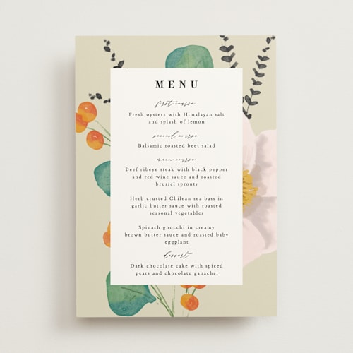 This is a wheat menu cards with standard by Keen Peachy called floral splash printing on signature in standard