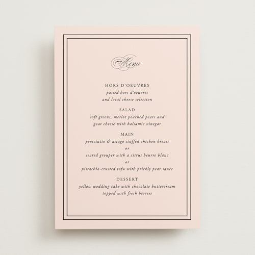 This is a petal menu cards with standard by Kimberly FitzSimons called story line printing on signature in standard