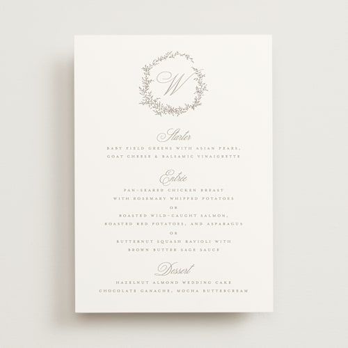 This is a chantilly menu cards with standard by Wildfield Paper Co called romantic wreath printing on signature in standard