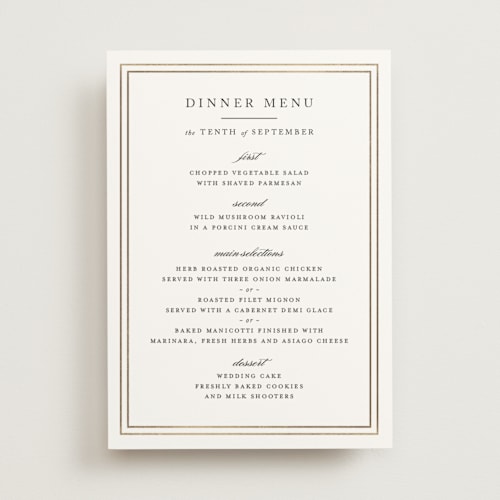 This is a snow menu cards with foil pressed by Kimberly FitzSimons called eloquence printing on signature in standard