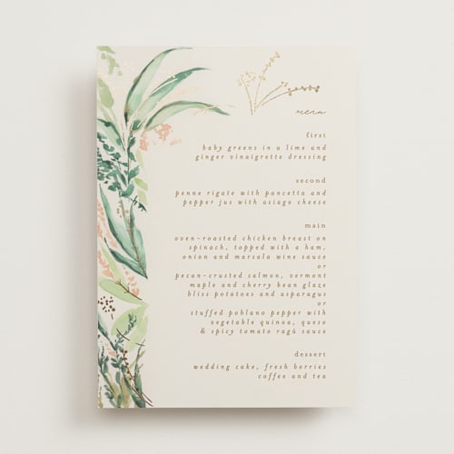 This is a greenery menu cards with foil pressed by Phrosné Barwood called fresh tropical printing on signature in standard