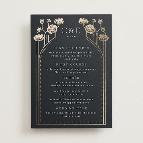 This is a navy menu cards with foil pressed by Ana de Sousa called nouveau flowers printing on signature in 5x7