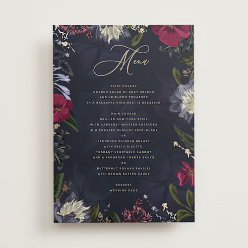 This is a jewel menu cards with foil pressed by Susan Moyal called after midnight printing on signature in standard