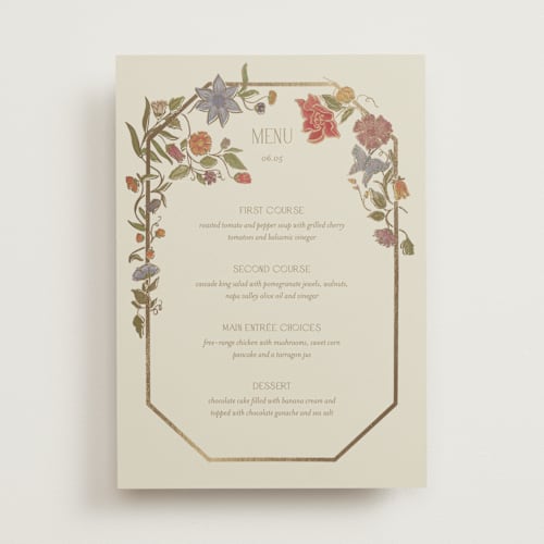This is a mint menu cards with foil pressed by Simona Camp called radiant botany printing on signature in standard