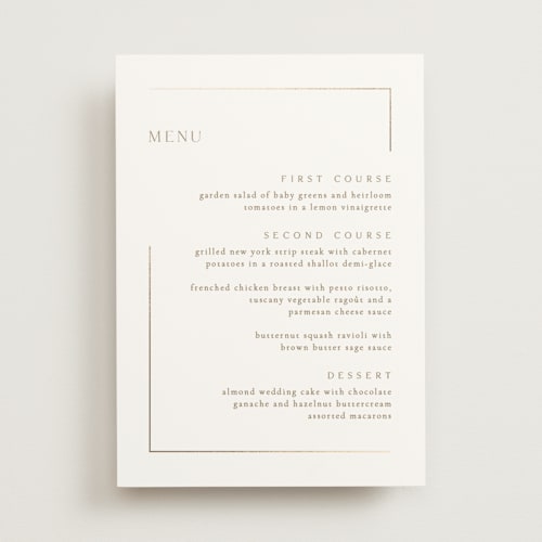 This is a quartz menu cards with foil pressed by Kristie Kern called the gallery printing on signature in 5x7