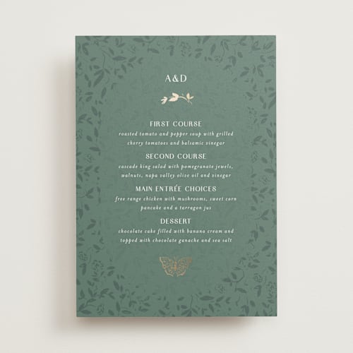 This is a eucalyptus menu cards with foil pressed by Simona Camp called southern romance printing on signature in 5x7