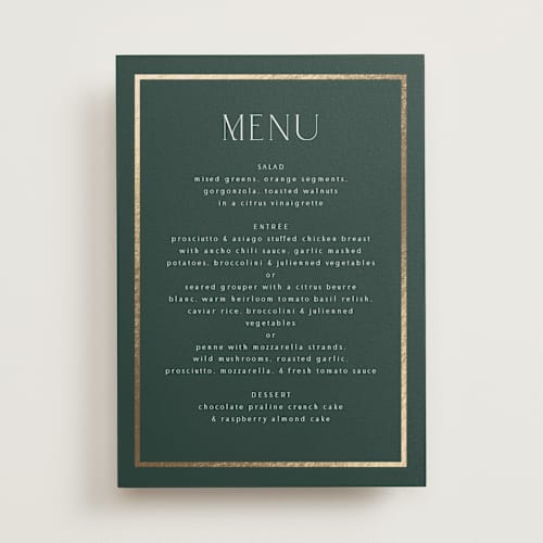 This is a evergreen menu cards with foil pressed by Nicole Walsh called regal printing on signature in 5x7