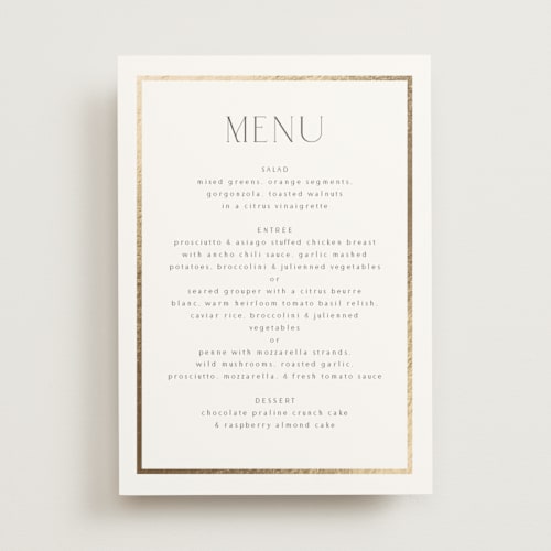 This is a porcelain menu cards with foil pressed by Nicole Walsh called regal printing on signature in 5x7