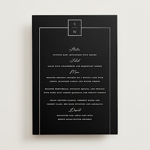 This is a noir menu cards with foil pressed by Stacey Meacham called elegant station printing on signature in standard