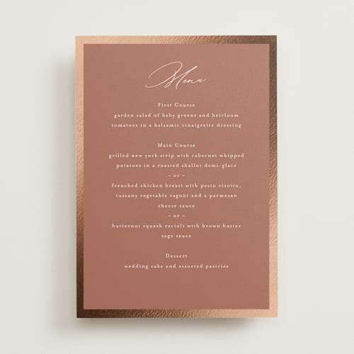 This is a terracotta menu cards with foil pressed by Nicole Walsh called surround printing on signature in standard