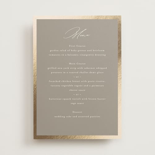 This is a khaki menu cards with foil pressed by Nicole Walsh called surround printing on signature in standard