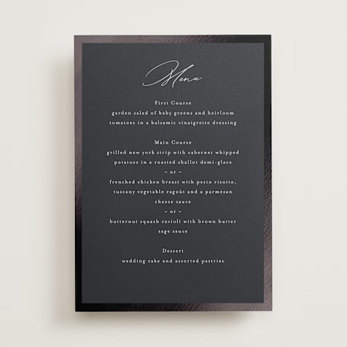 This is a midnight menu cards with foil pressed by Nicole Walsh called surround printing on signature in standard