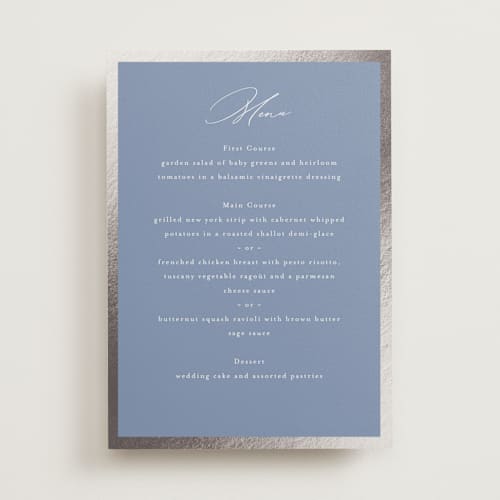 This is a cornflower blue menu cards with foil pressed by Nicole Walsh called surround printing on signature in standard