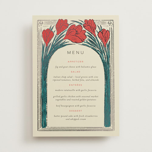 This is a birch menu cards with foil pressed by Shiny Penny Studio called deco spring florals printing on signature in standard
