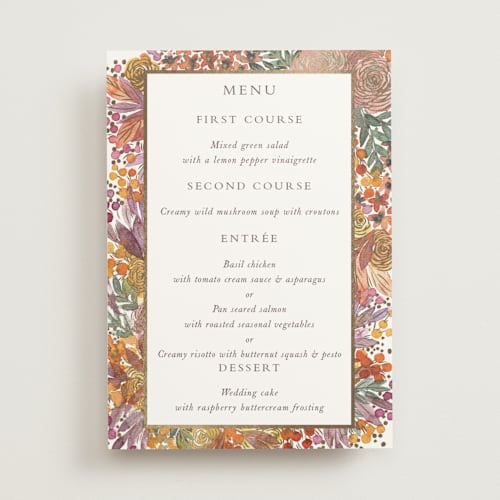 This is a amber menu cards with foil pressed by Alexandra Dzh called autumn flowers printing on signature in standard