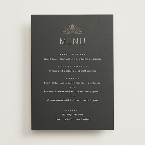 This is a midnight menu cards with foil pressed by Leah Bisch called fringe printing on signature in standard