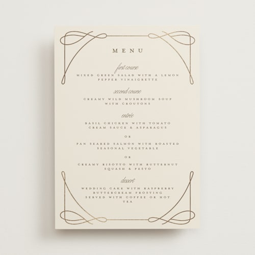 This is a cream menu cards with foil pressed by Katie Zimpel called simple art nouveau printing on signature in standard