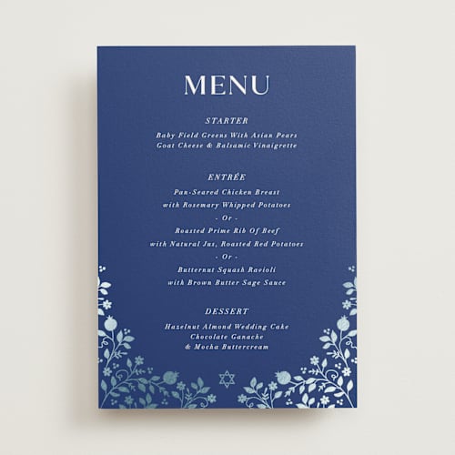 This is a royal menu cards with foil pressed by Nam Bourassa called pomegranate floral frame printing on signature in standard