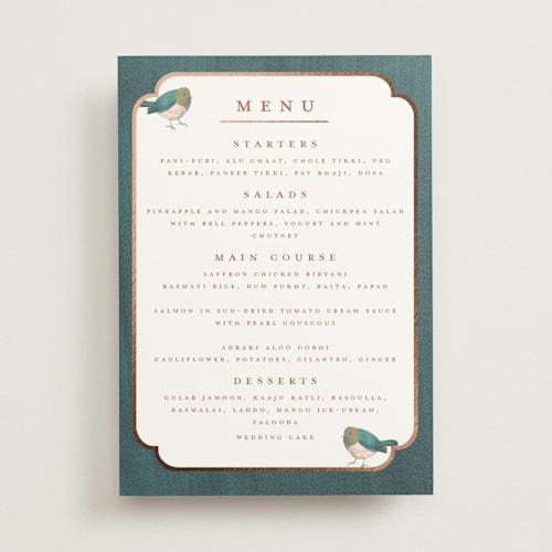 This is a pista menu cards with foil pressed by Teju Reval called royal wedding printing on signature in standard