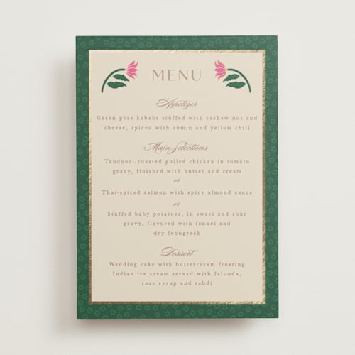 This is a pistachio menu cards with foil pressed by Creo Study called indian garden printing on signature in standard