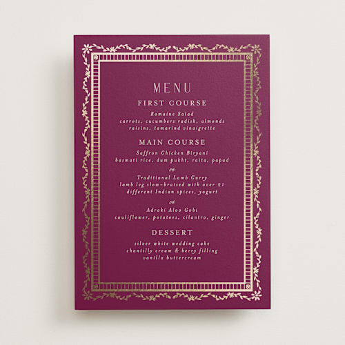 This is a garnet menu cards with foil pressed by Chris Griffith called amber palace printing on signature in standard