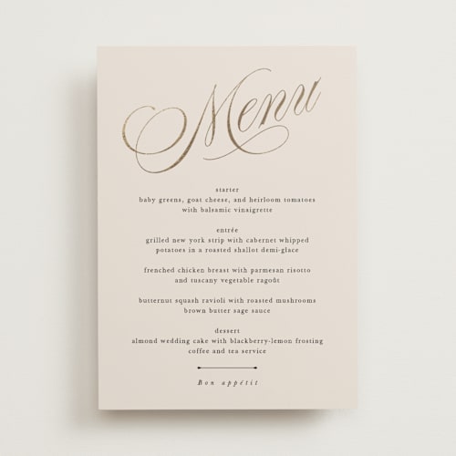 This is a linen menu cards with foil pressed by Kate Ahn called mirin printing on signature in standard