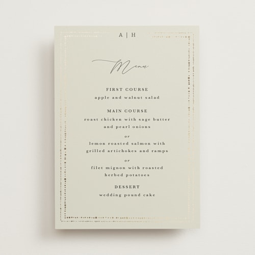 This is a taupe menu cards with foil pressed by Hannah Williams called foil botanical frame printing on signature in 5x7
