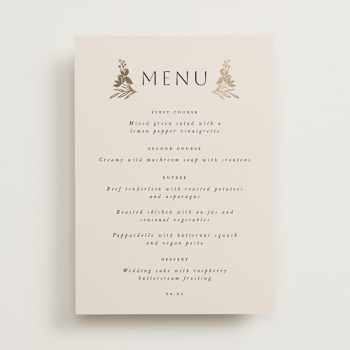This is a champagne menu cards with foil pressed by Leah Bisch called floral border printing on signature in 5x7