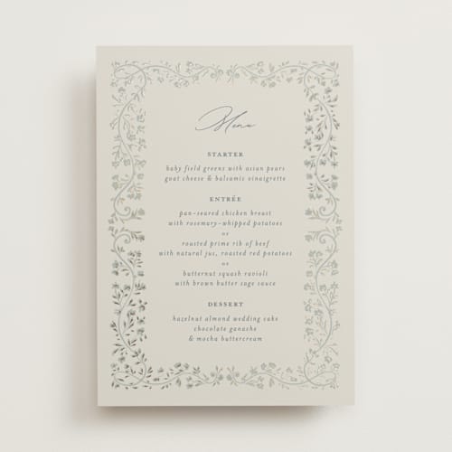 This is a something blue menu cards with foil pressed by Gwen Bedat called floral romance printing on signature in 5x7