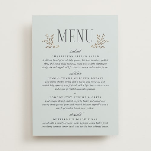 This is a mist menu cards with foil pressed by Laura Hankins called enchanted printing on signature in 5x7