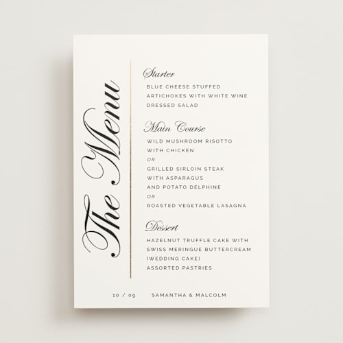 This is a silk menu cards with foil pressed by Zani van Zyl called shaped menu printing on signature in standard
