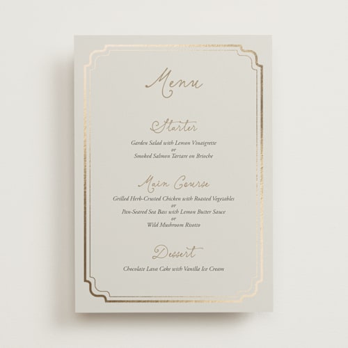 This is a champagne menu cards with foil pressed by Cass Loh called curved frame printing on signature in standard